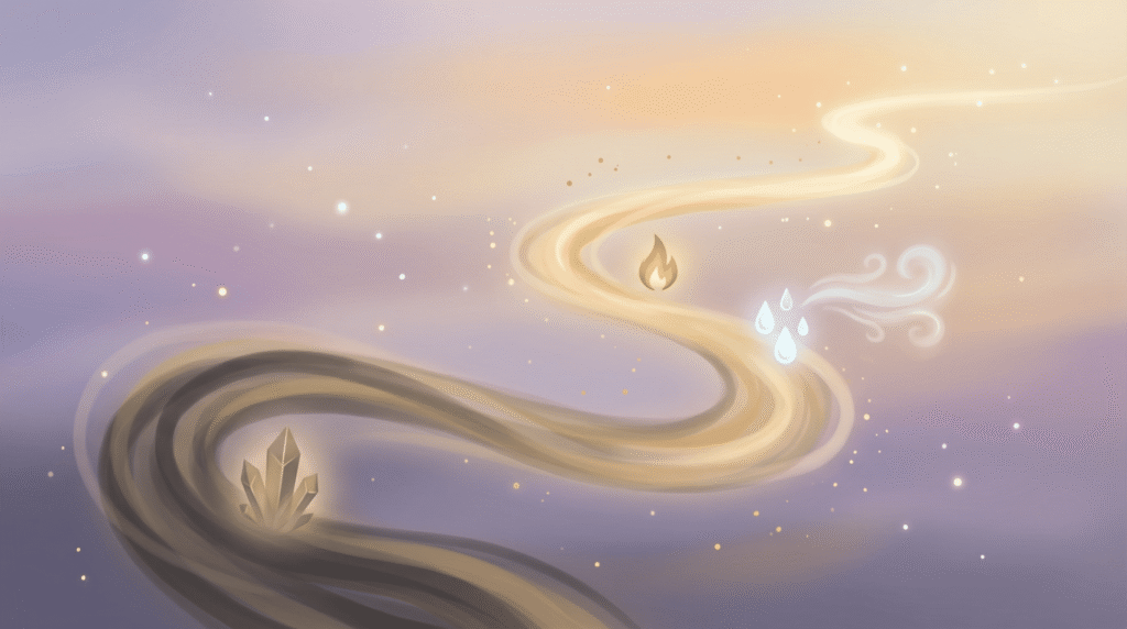 Ilustração de um caminho dourado representando a jornada da alquimia interior, passando pelos símbolos dos quatro elementos.