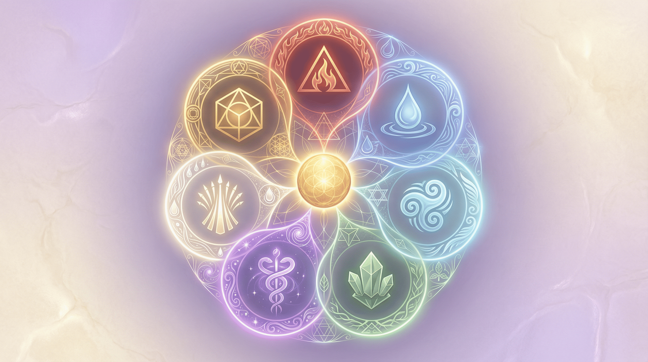 Mandala dos 7 estágios da alquimia interior, com símbolos para calcinação, dissolução, separação, conjunção, fermentação, destilação e coagulação.